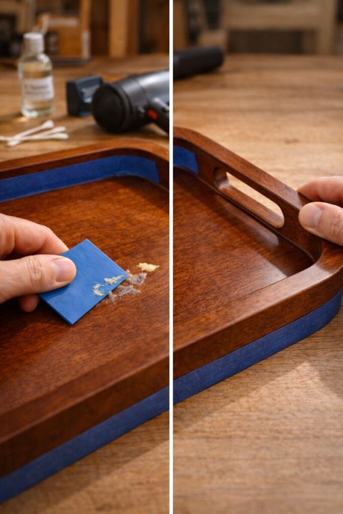 before and after glue cleanup on a finished serving tray