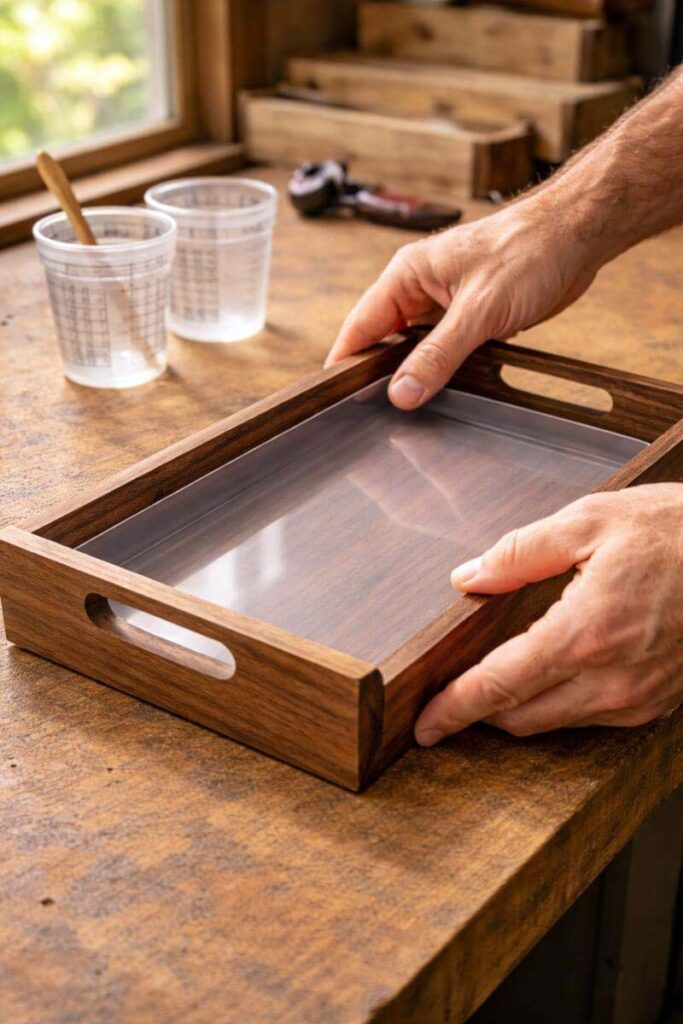 hands assembling wooden tray with removable plastic liner