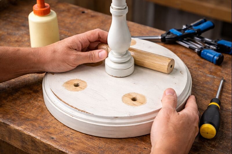 repaired tiered tray stand base with plugged holes and pilot holes