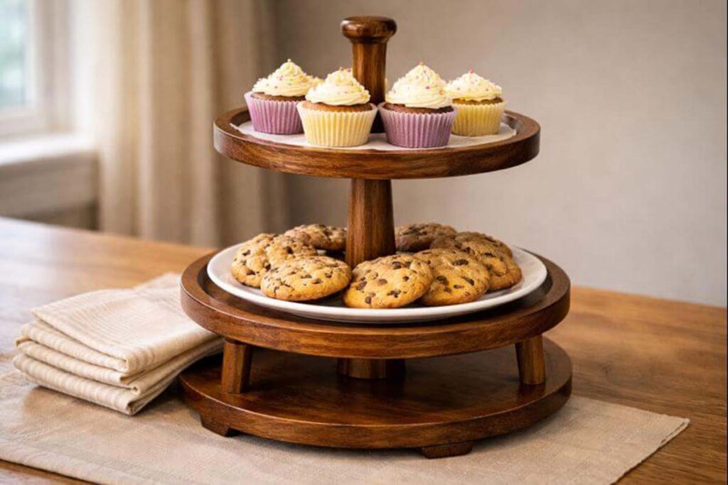 tiered tray stand serving cupcakes and cookies using liners and plates