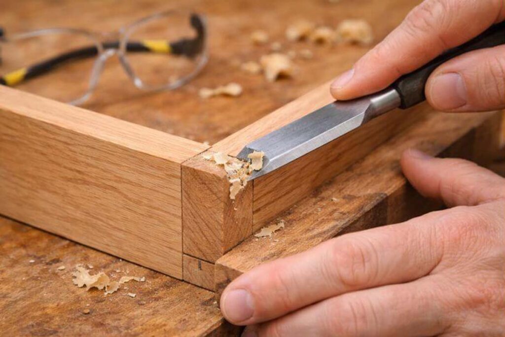 scraping cured glue squeeze out with chisel