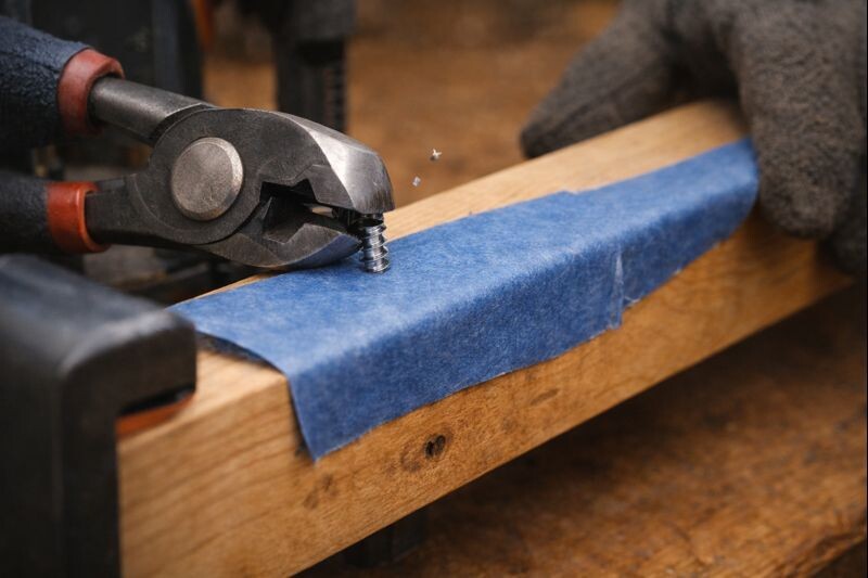 end cutting nippers trimming a screw tip flush while the wood is clamped and protected with tape