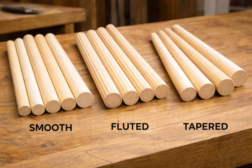 smooth fluted and tapered wooden dowels