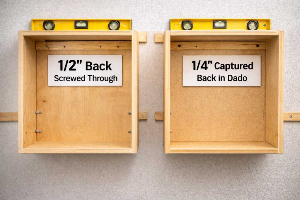 cutaway wall cabinet showing thicker back and hanging rail