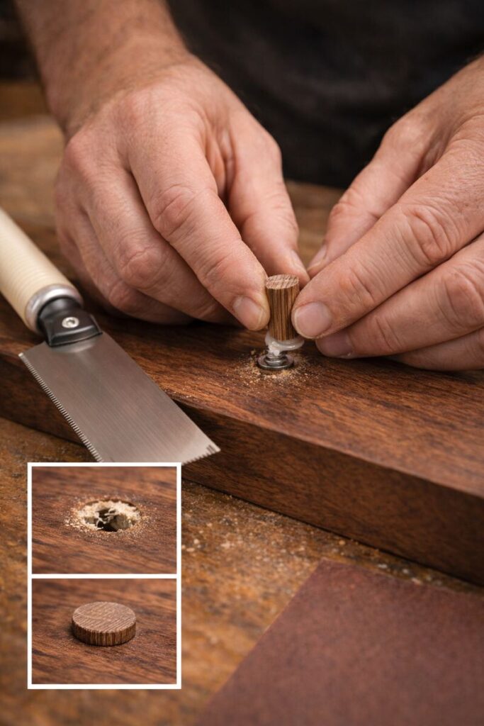 walnut dowel plug repair for stripped screw hole