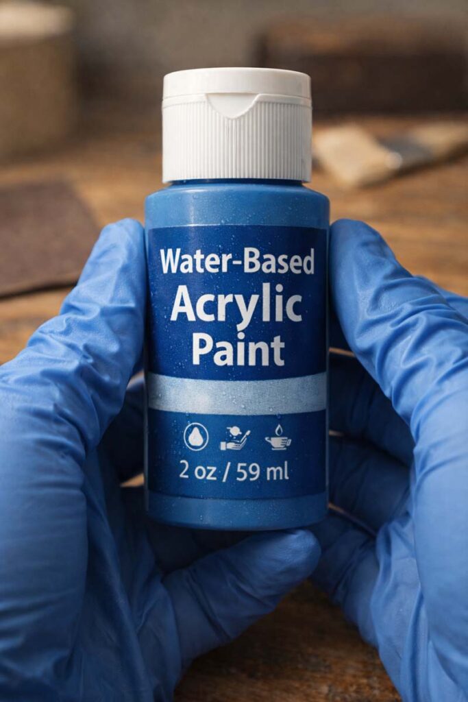 gloved hands holding water based acrylic craft paint bottle