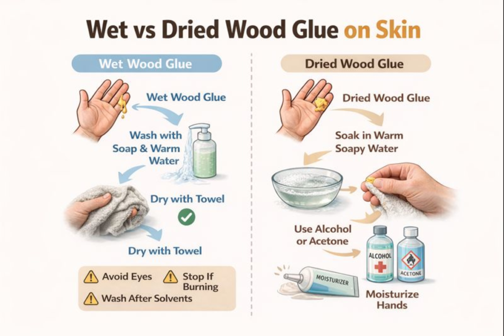 simple steps for wet versus dried glue on hands