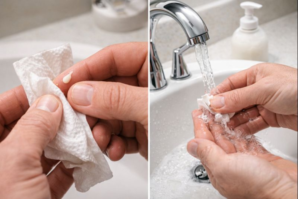 wiping fresh glue off fingers at sink