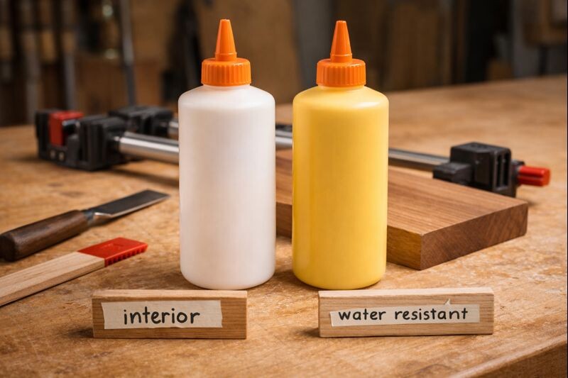 white and yellow woodworking glue bottles on bench for comparison