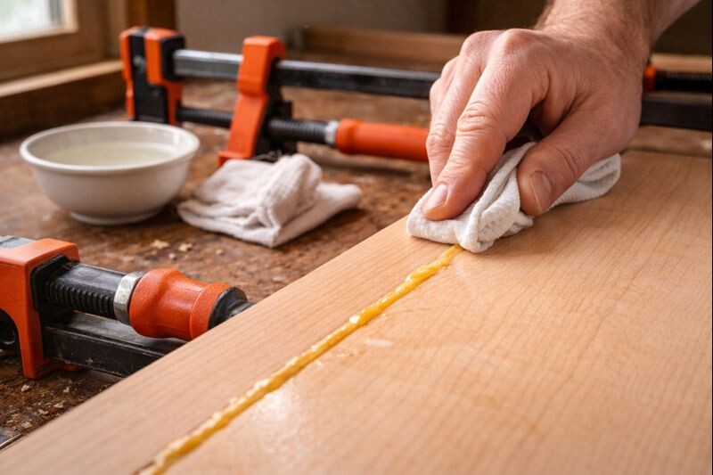 cleaning fresh glue squeeze out with a damp cloth