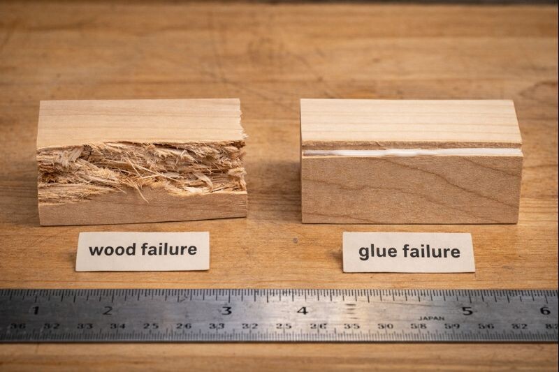 Broken wood samples showing fiber tear out and glue line