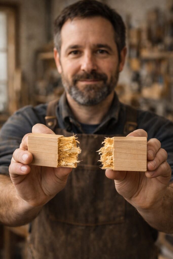 broken glue test pieces showing wood fibers tearing