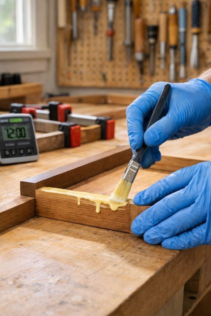 hands spreading glue with clamps staged on bench