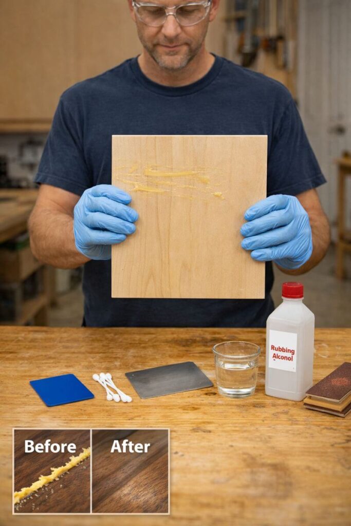 woodworker showing glue removal tools on bench