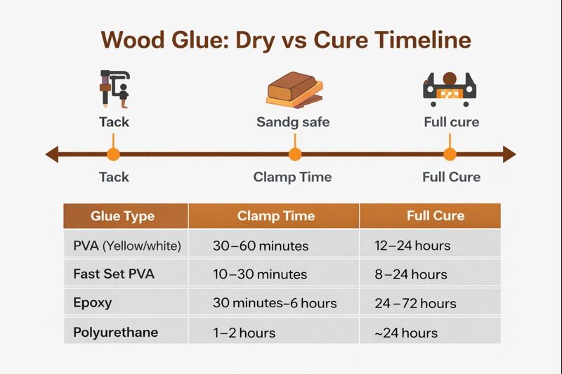 timeline showing clamp time versus full cure for common glues