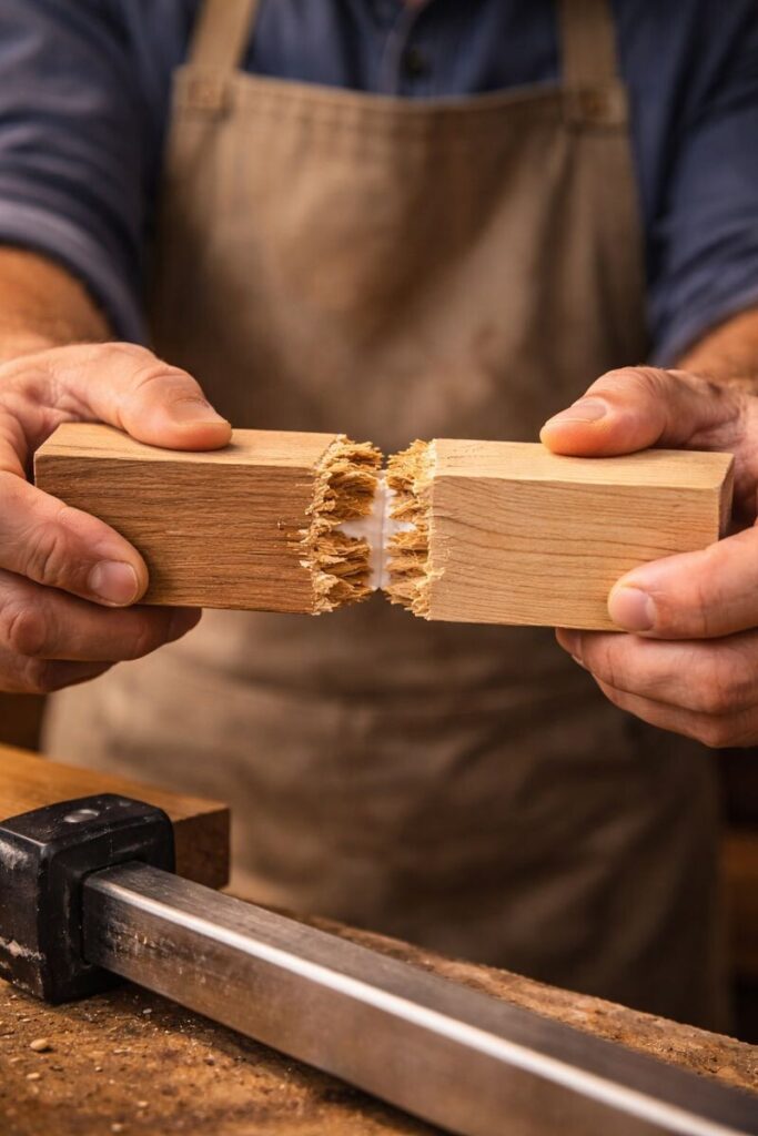 hands holding broken joint showing wood failure