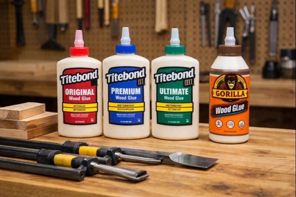 common woodworking glues arranged for comparison
