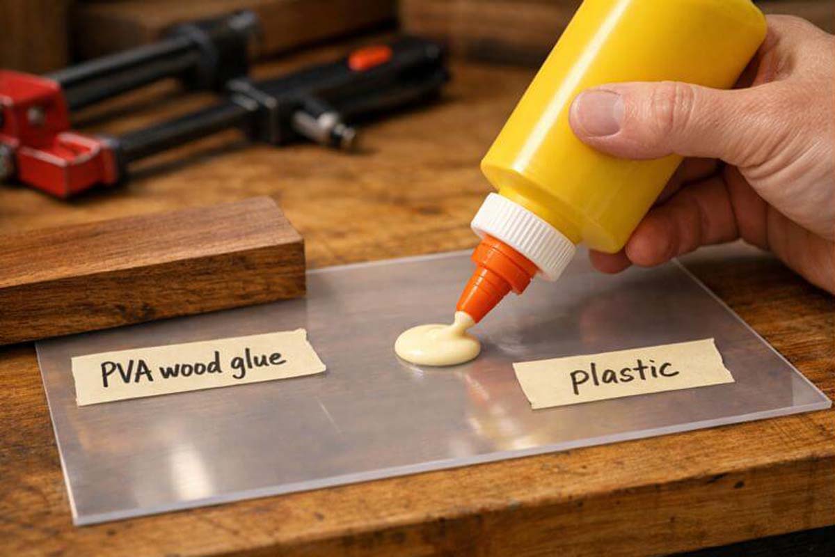 wood glue being applied to plastic sheet on workbench