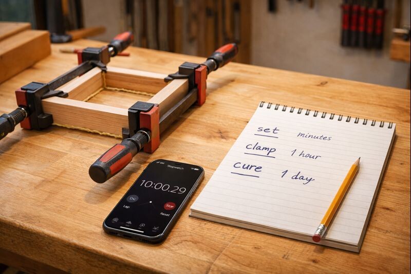 timer and clamps showing glue up schedule