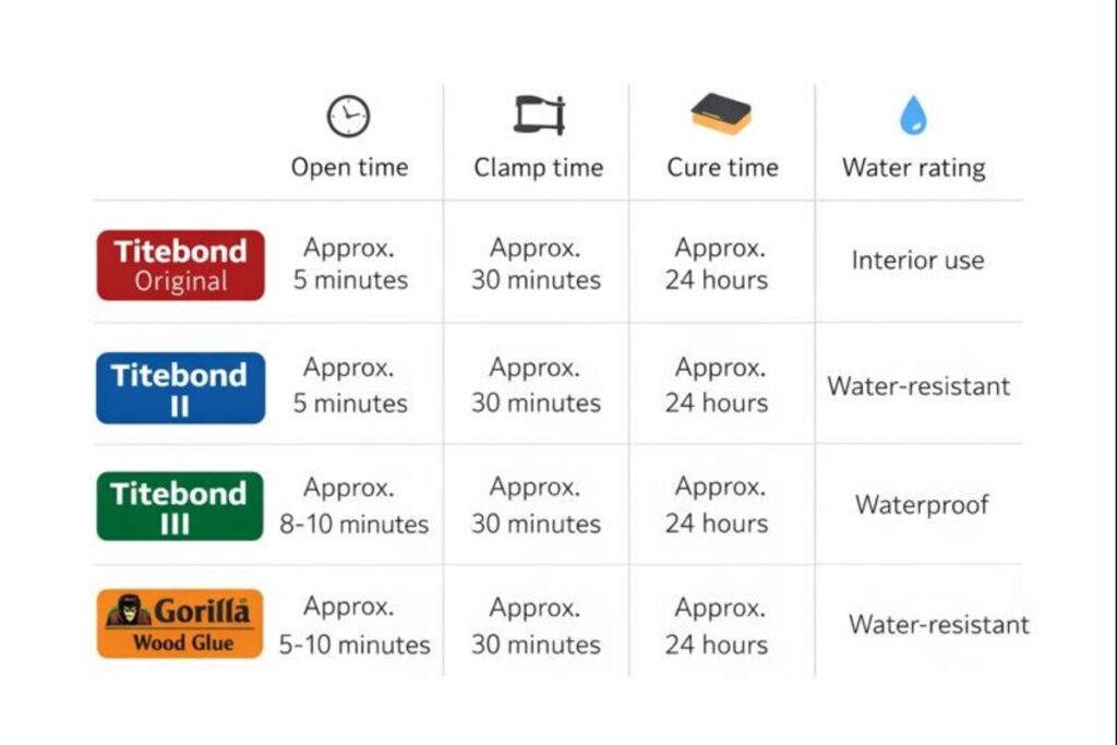 open time and clamp time comparison for common wood glues