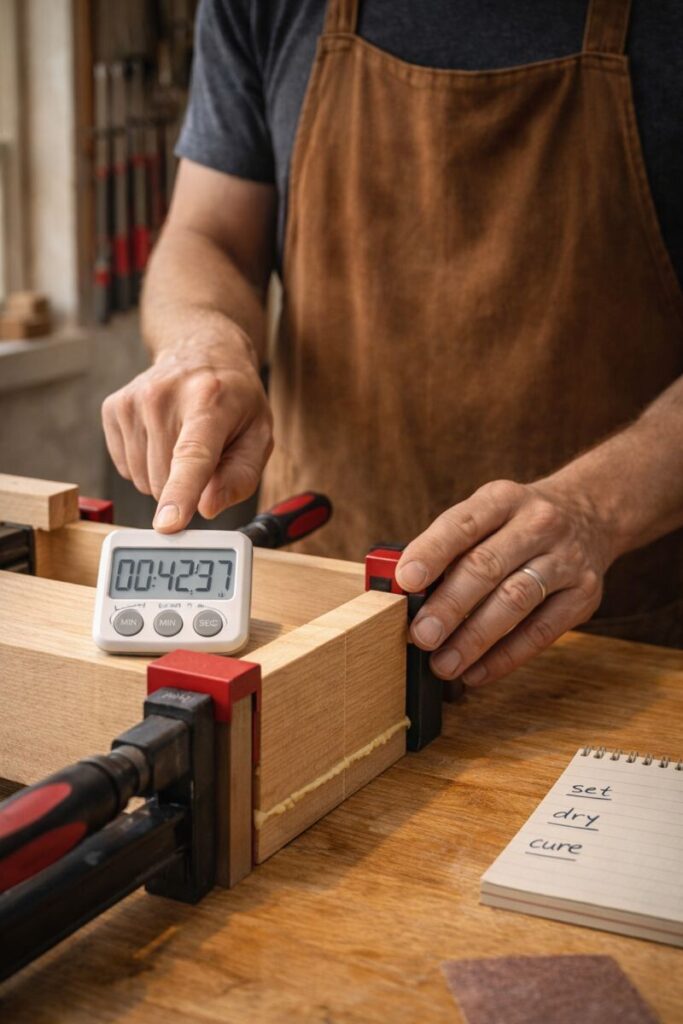 woodworker checking glue up timer before removing clamps
