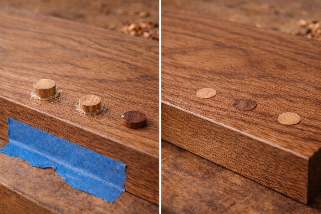 Side-by-side view of plugged screw holes before trimming and after sanding and clear finish, with a contrasting accent plug.