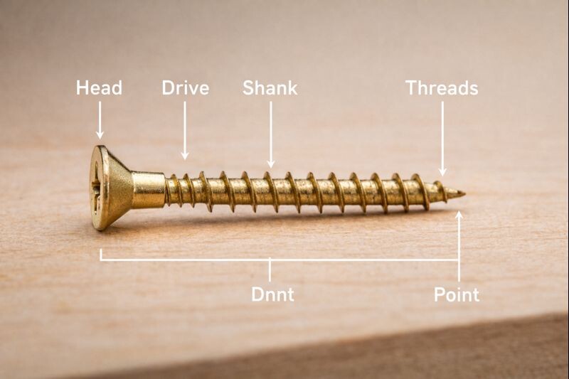 labeled parts of a single wood screw