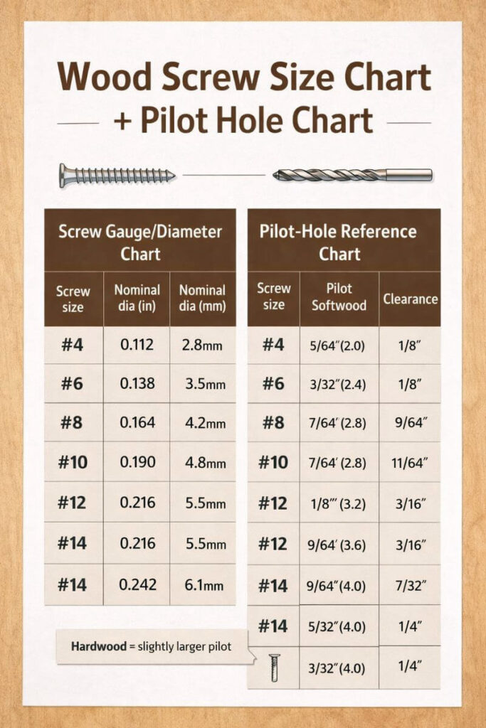 wood screw size chart along with pilot hole chart