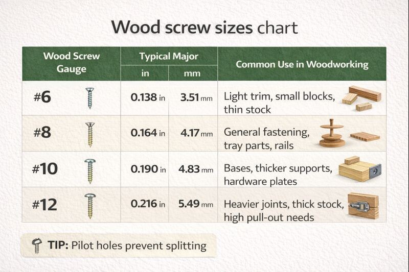 wood screw size chart with common uses
