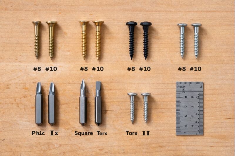 common wood screws and driver bits on a workbench