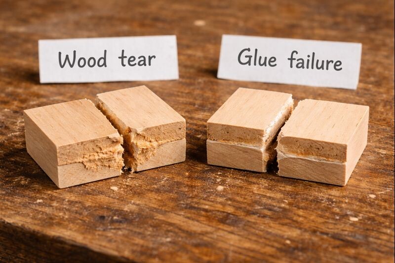 broken test joints showing wood tear and glue line failure