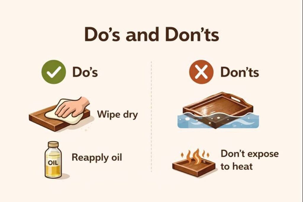 infographic showing maintenance tips for wood tray