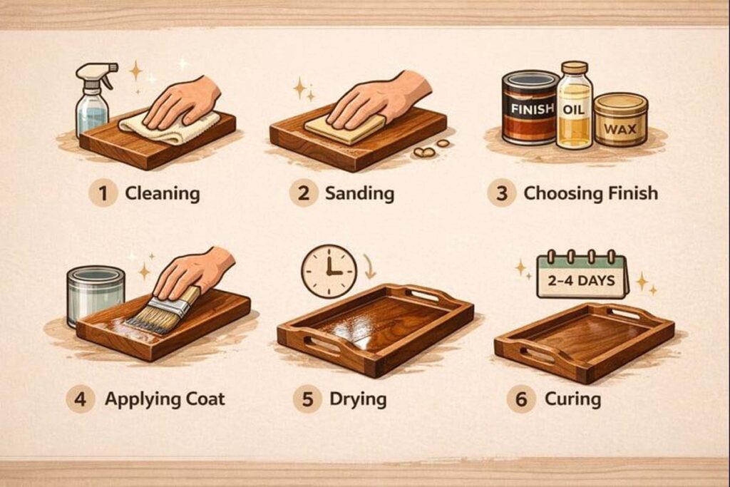 infographic showing steps for sealing a wooden serving tray