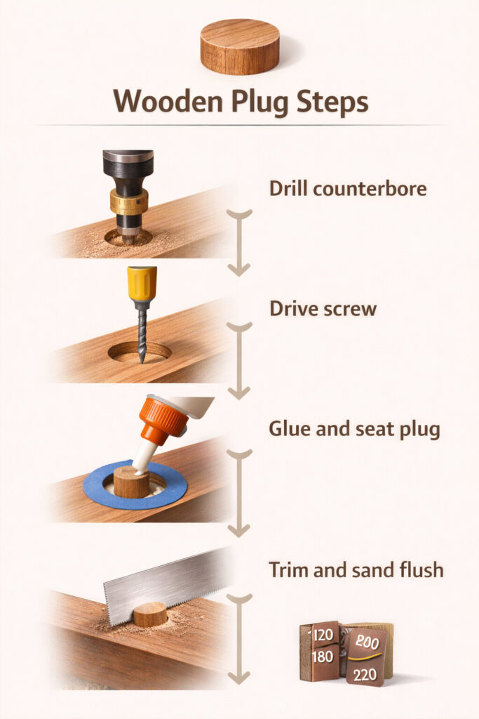 A quick-guide graphic showing the basic steps to drill, plug, trim, and sand a clean hidden screw hole.