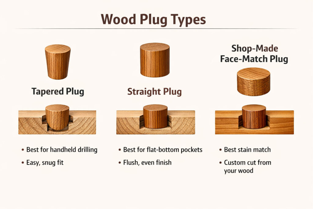 Infographic comparing tapered, straight, and shop-made wood plugs with simple labels and best-use notes.