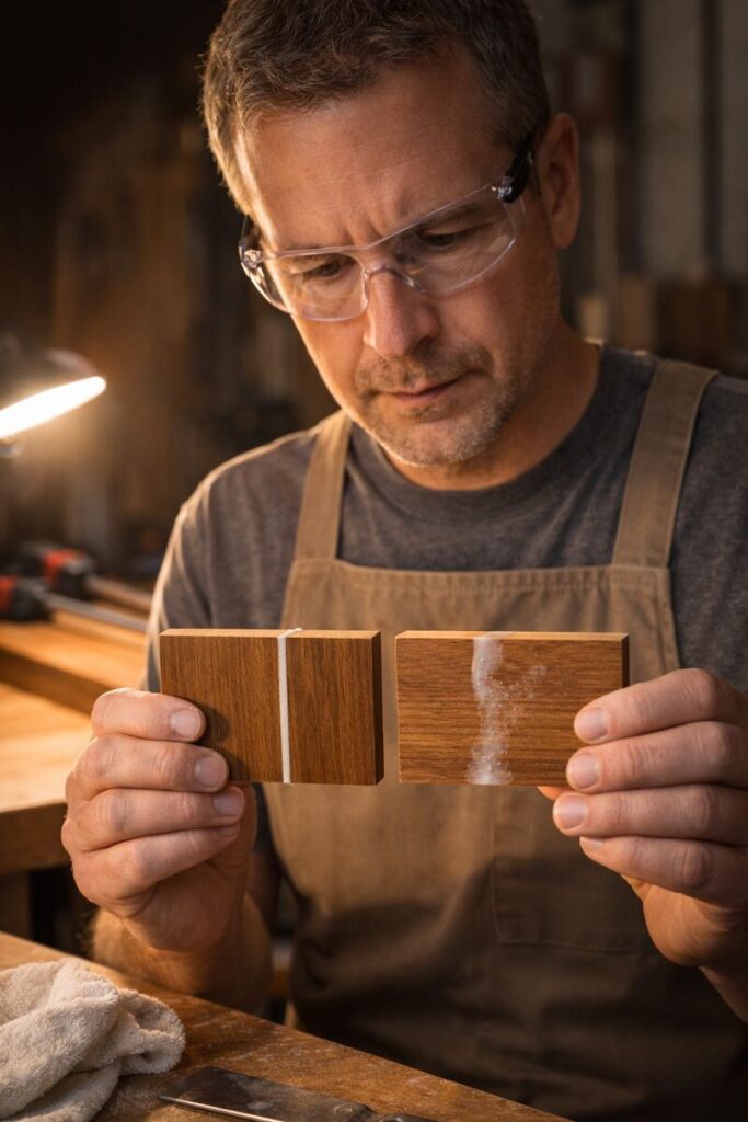 woodworker inspecting glue residue under raking light