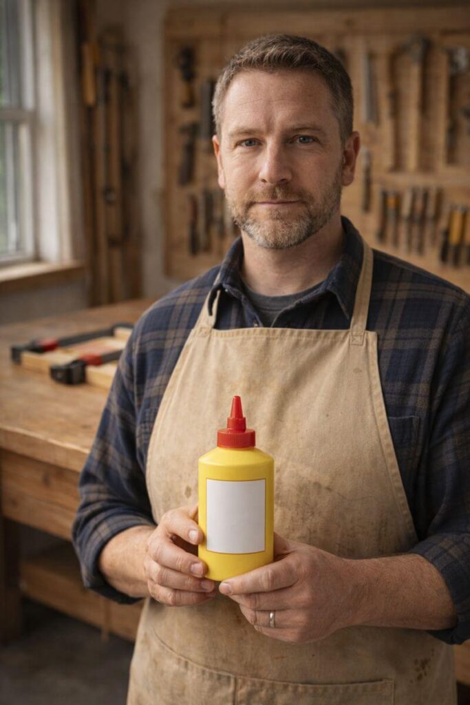 woodworker showing pva glue and clamped tray frame on bench