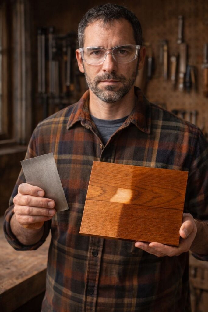 woodworker holding stained sample board with glue patch and scraper