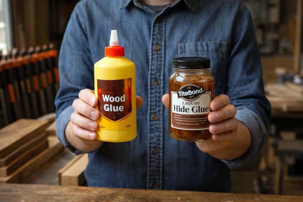 woodworker comparing glue options at the bench