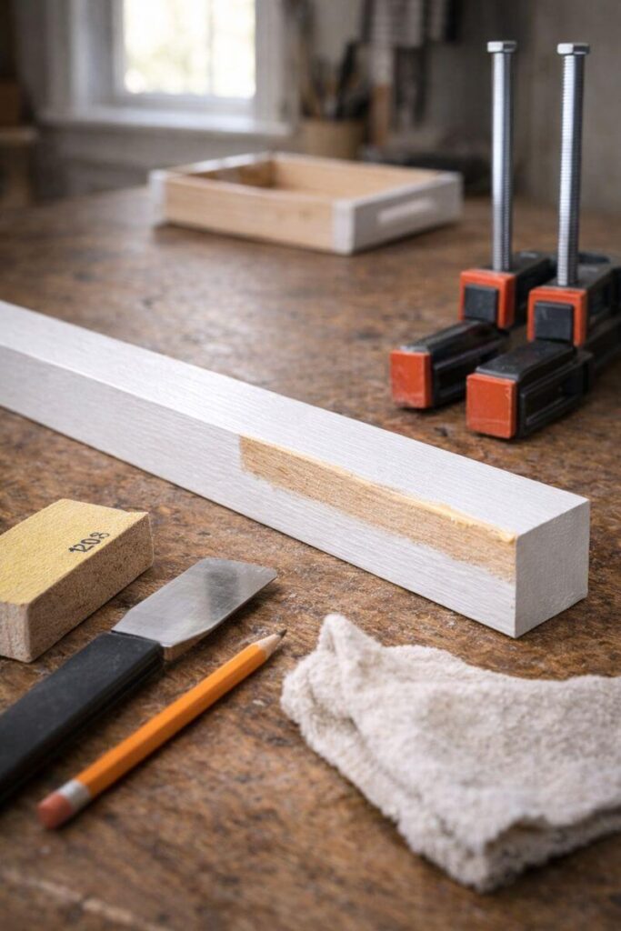 tidy bench showing sanded glue strip and clamps ready
