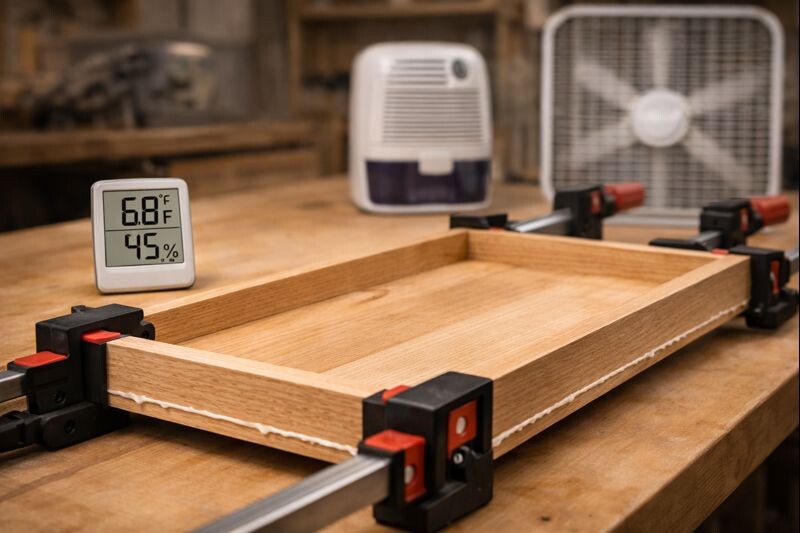 temperature and humidity tools beside a clamped glue up