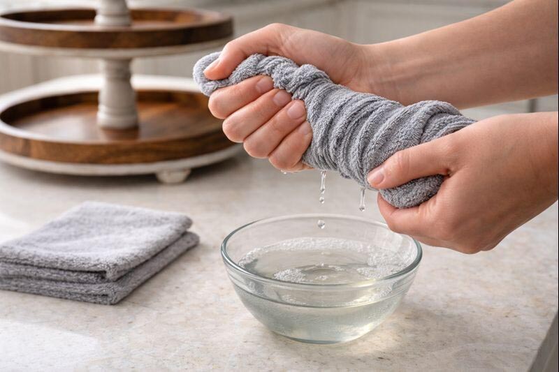 wringing microfiber cloth before wiping a wood tray