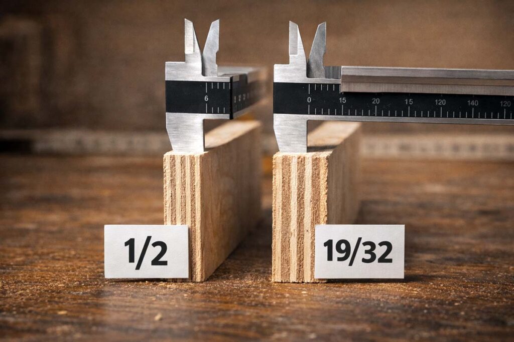 two plywood edges labeled 19 32 and half inch