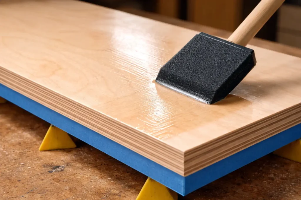 foam brush applying clear finish on birch panel