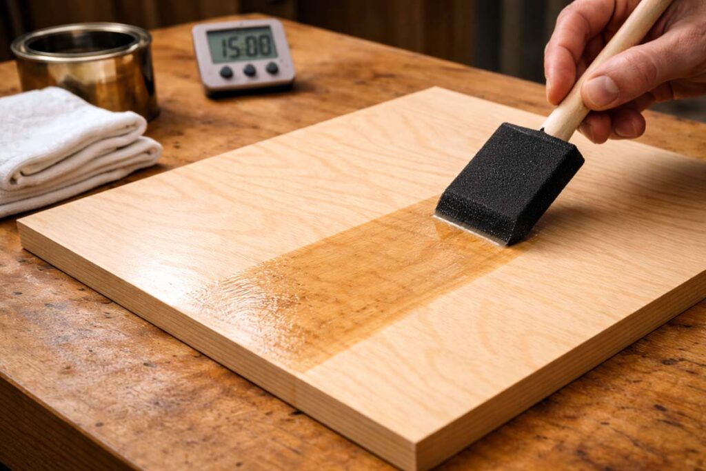 brushing pre stain conditioner on birch plywood veneer