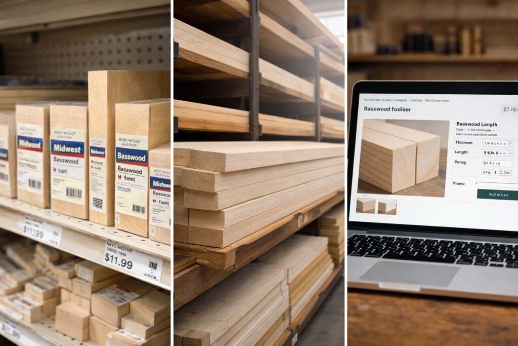 craft store and lumber rack shown beside online shopping screen
