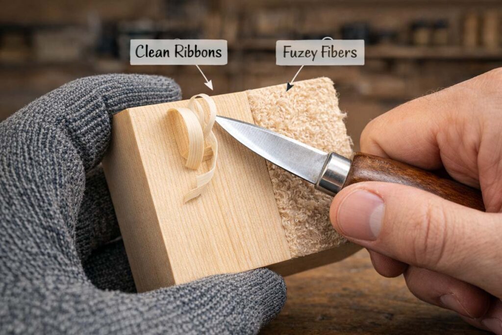 hands carving basswood with clean ribbons beside fuzzy fibers