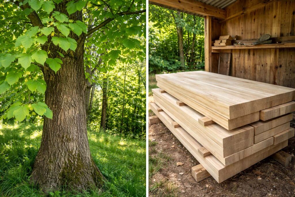 basswood tree leaves and milled boards