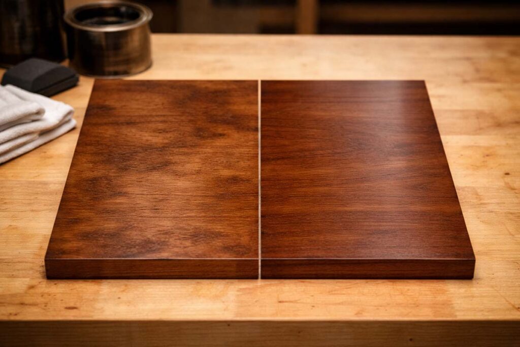 blotchy versus even stain on birch veneer panel