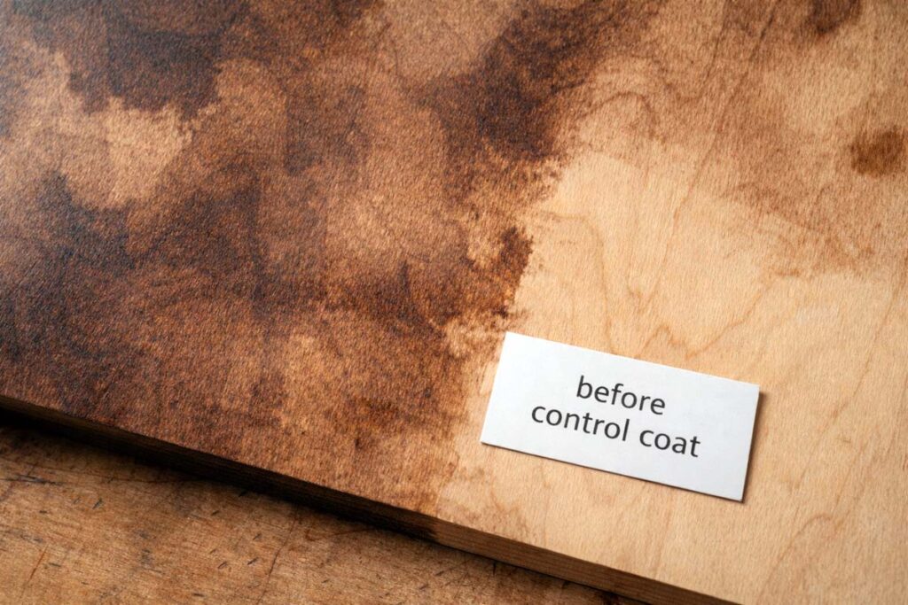 blotchy stain patches on birch plywood